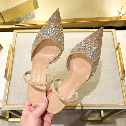 Womens Luxury Designer Rhinestone Mesh Heeled Sandals, Sexy Pointed Toe Slingbacks, Thin High Heels, and Elegant Dress