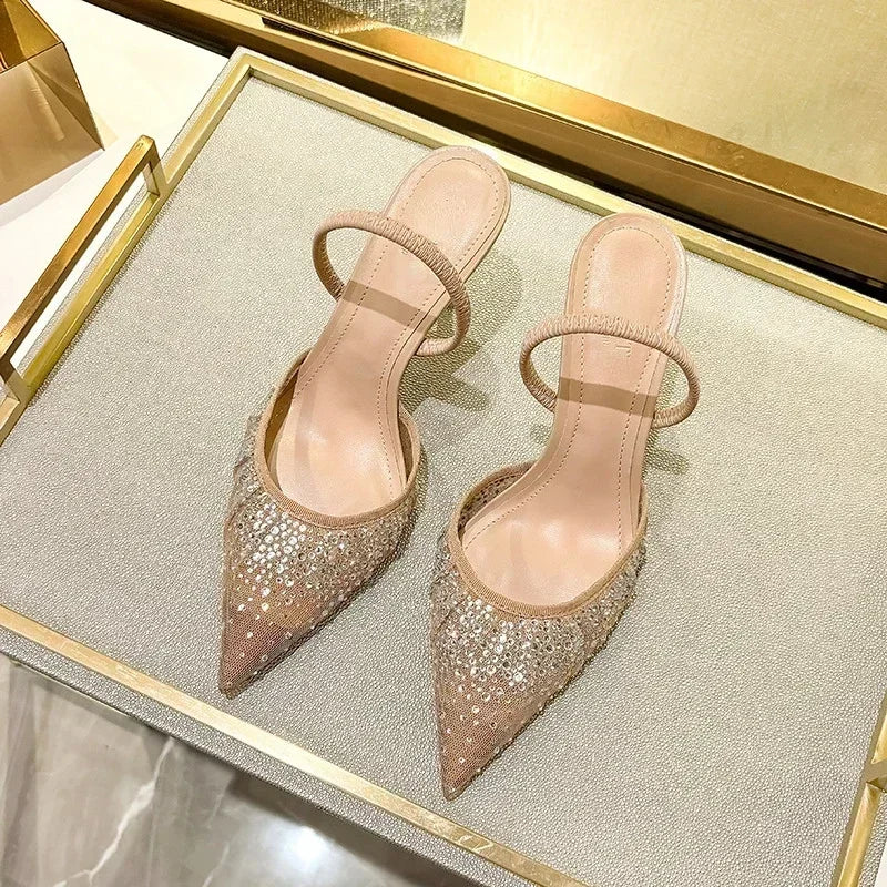 Womens Luxury Designer Rhinestone Mesh Heeled Sandals, Sexy Pointed Toe Slingbacks, Thin High Heels, and Elegant Dress