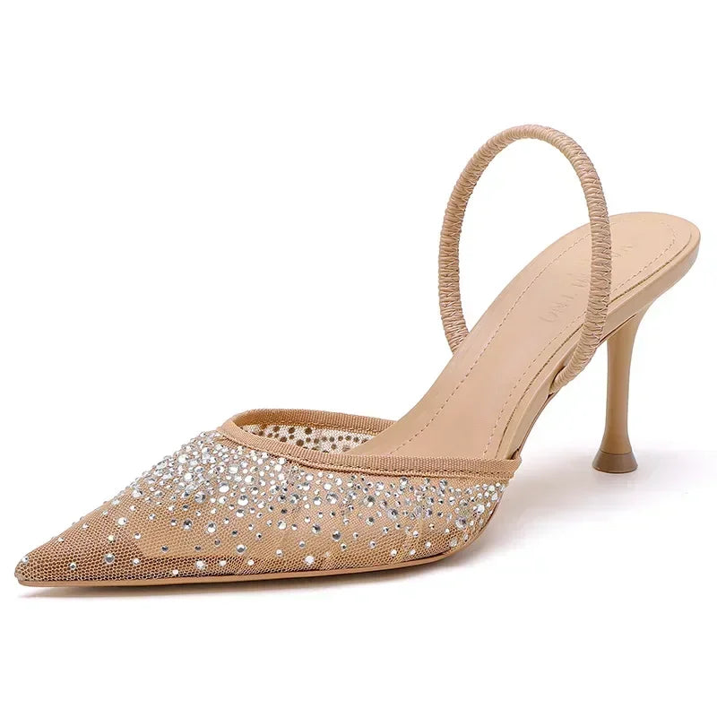 Womens Luxury Designer Rhinestone Mesh Heeled Sandals, Sexy Pointed Toe Slingbacks, Thin High Heels, and Elegant Dress