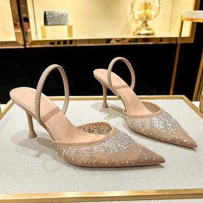 Womens Luxury Designer Rhinestone Mesh Heeled Sandals, Sexy Pointed Toe Slingbacks, Thin High Heels, and Elegant Dress