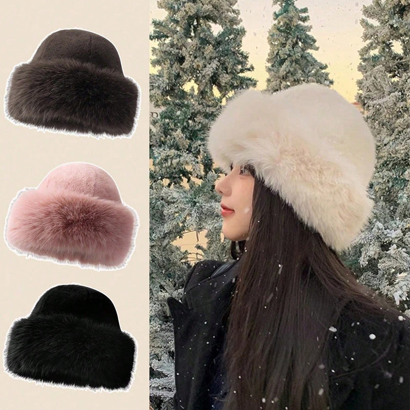 Warm Thick Fleece Bucket Hat for Women, Simple and Casual Winter Hat, Fashionable Outdoor Skiing Cap