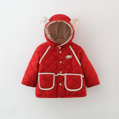 Winter Baby Girls Cotton Coat, Thick Rabbit Ear Hood, Diamond Grid Pattern, Two Pocket Jacket