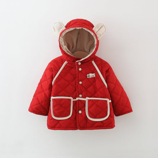Winter Baby Girls Cotton Coat, Thick Rabbit Ear Hood, Diamond Grid Pattern, Two Pocket Jacket