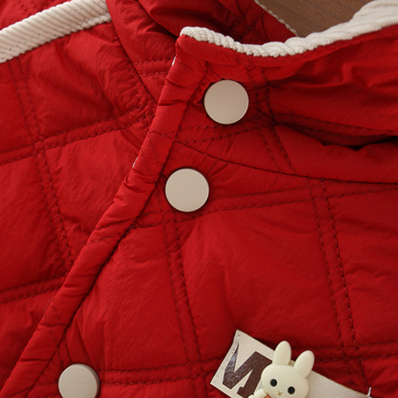 Winter Baby Girls Cotton Coat, Thick Rabbit Ear Hood, Diamond Grid Pattern, Two Pocket Jacket