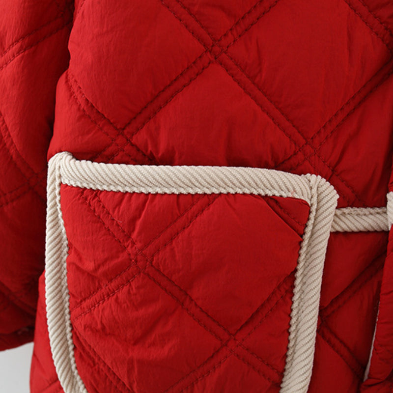 Winter Baby Girls Cotton Coat, Thick Rabbit Ear Hood, Diamond Grid Pattern, Two Pocket Jacket