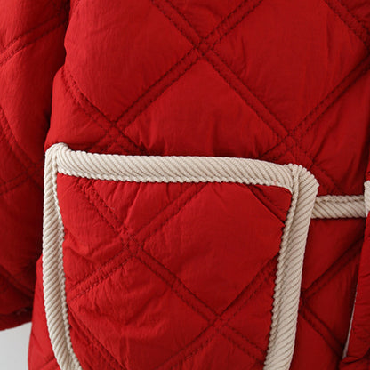 Winter Baby Girls Cotton Coat, Thick Rabbit Ear Hood, Diamond Grid Pattern, Two Pocket Jacket