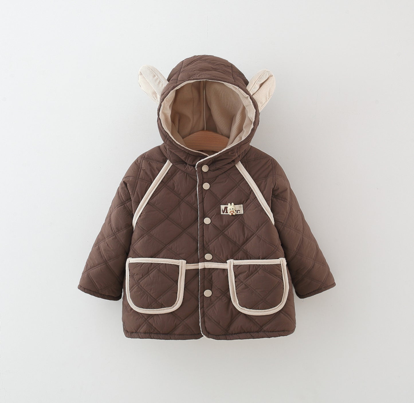 Winter Baby Girls Cotton Coat, Thick Rabbit Ear Hood, Diamond Grid Pattern, Two Pocket Jacket