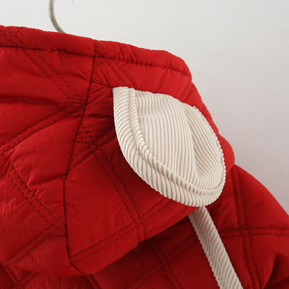 Winter Baby Girls Cotton Coat, Thick Rabbit Ear Hood, Diamond Grid Pattern, Two Pocket Jacket