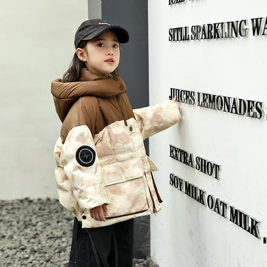 Gradient Patch Winter Down Jacket, Warm Thick Hooded Parka for Girls, Kid Girl Coat for Ages 3-10 Years
