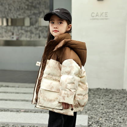Gradient Patch Winter Down Jacket, Warm Thick Hooded Parka for Girls, Kid Girl Coat for Ages 3-10 Years