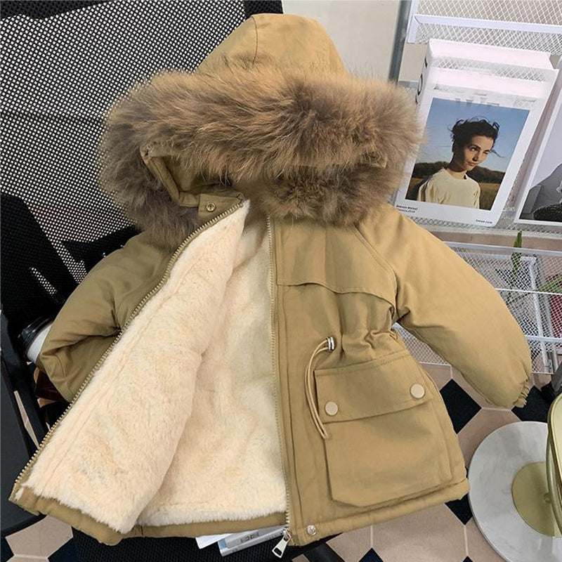 New Winter Girls Down Jacket, Fur Collar Hooded Coat, Warm Princess Outerwear for Christmas, Kids Clothes