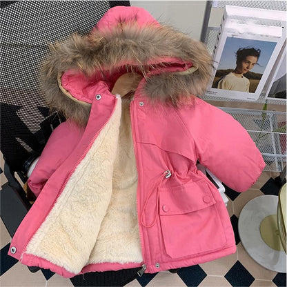 New Winter Girls Down Jacket, Fur Collar Hooded Coat, Warm Princess Outerwear for Christmas, Kids Clothes