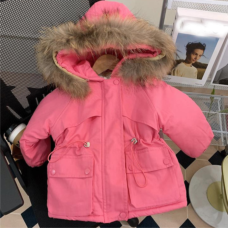 New Winter Girls Down Jacket, Fur Collar Hooded Coat, Warm Princess Outerwear for Christmas, Kids Clothes
