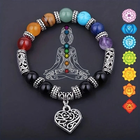 Chakra Healing Stone Beaded Bracelet with Love Pendant