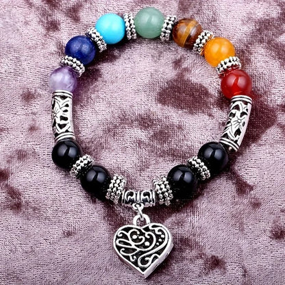 Chakra Healing Stone Beaded Bracelet with Love Pendant