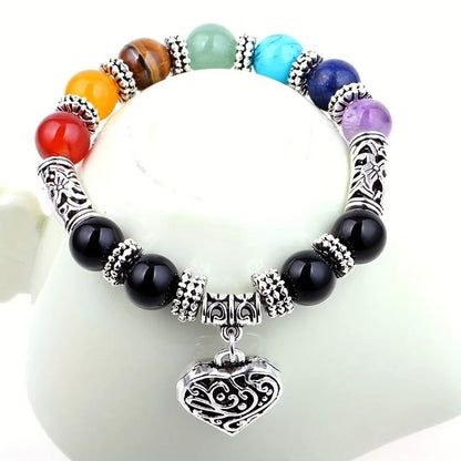 Chakra Healing Stone Beaded Bracelet with Love Pendant