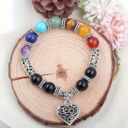 Chakra Healing Stone Beaded Bracelet with Love Pendant
