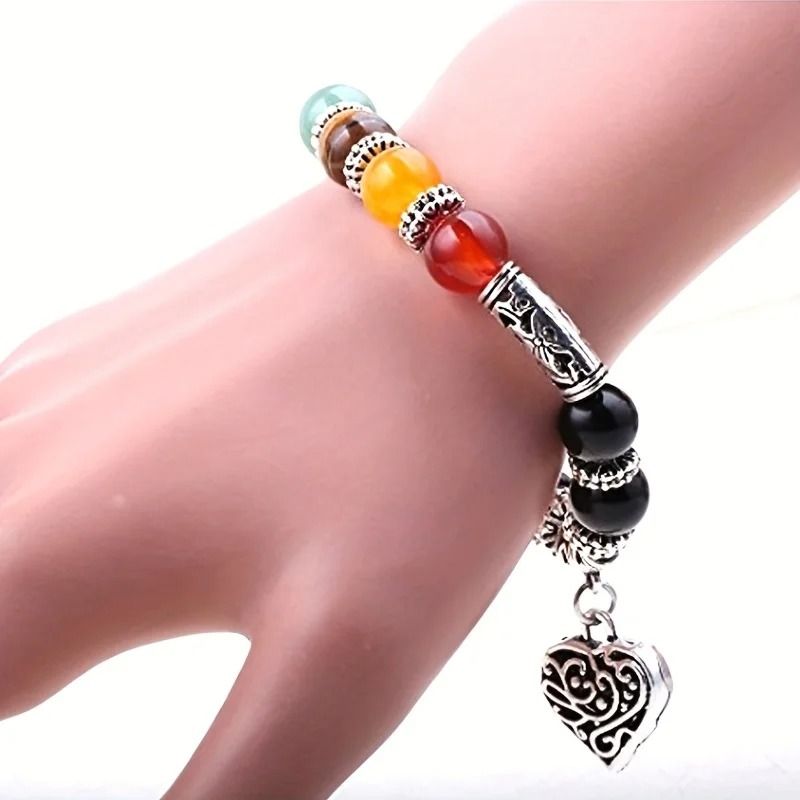 Chakra Healing Stone Beaded Bracelet with Love Pendant