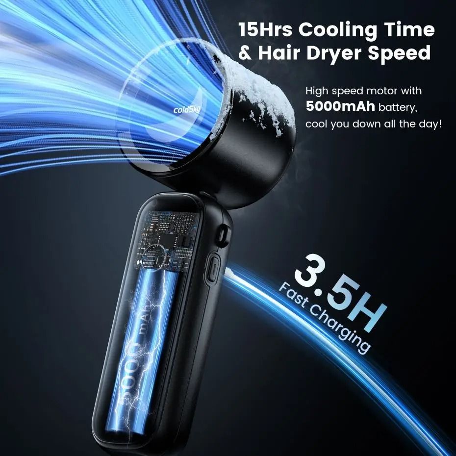 Portable Handheld Turbo Fan 5000mAh Rechargeable Foldable Desk and Neck Fan with 6 Speeds and Digital Display