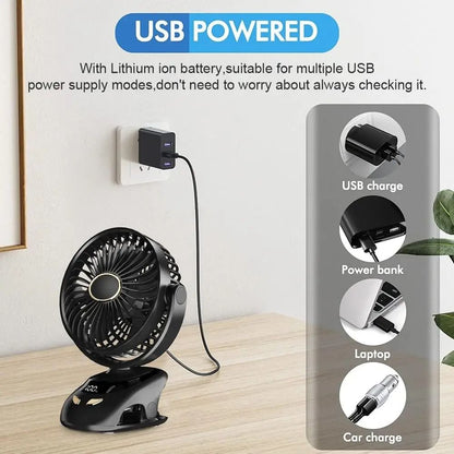 Portable Clip On Desk Fan with Rechargeable Battery for Home and Travel