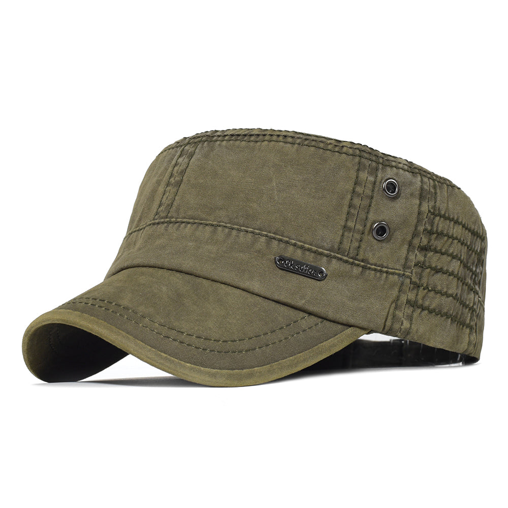 Washed Cotton Flat Cap, Unique Design Military Hat for Men Women, Four Seasons Vintage Flat Top Cap.