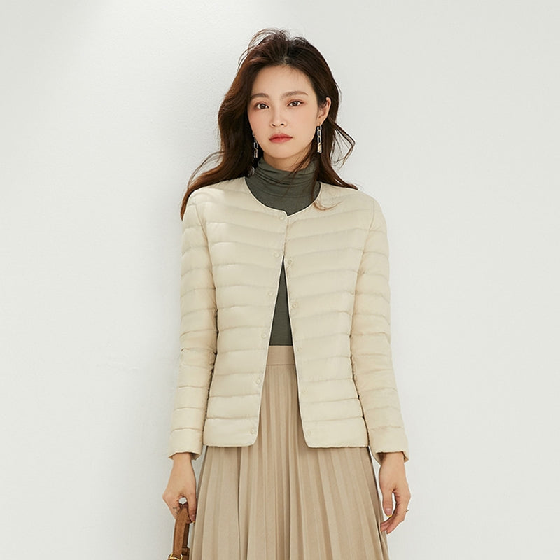 Women's Ultralight Quilted Puffer Coat, Variable V Neck, Collarless Duck Down Jacket for Winter Warmth