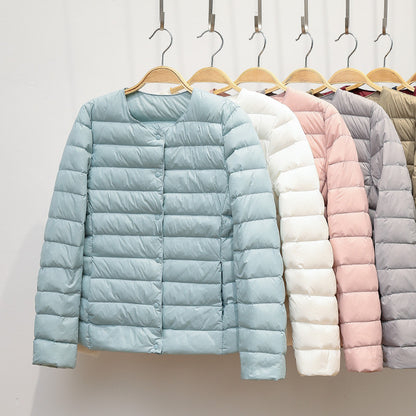 Women's Ultralight Quilted Puffer Coat, Variable V Neck, Collarless Duck Down Jacket for Winter Warmth