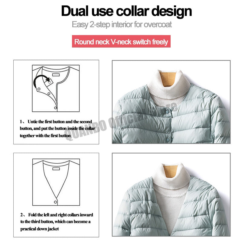 Women's Ultralight Quilted Puffer Coat, Variable V Neck, Collarless Duck Down Jacket for Winter Warmth
