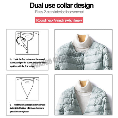 Women's Ultralight Quilted Puffer Coat, Variable V Neck, Collarless Duck Down Jacket for Winter Warmth