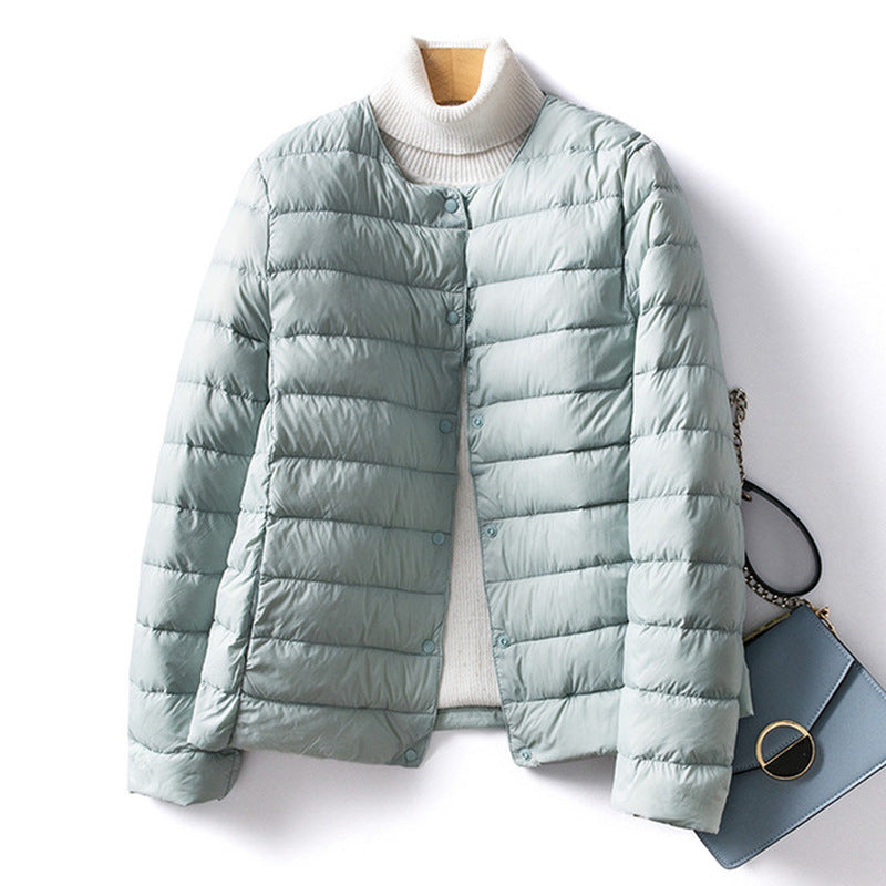Women's Ultralight Quilted Puffer Coat, Variable V Neck, Collarless Duck Down Jacket for Winter Warmth