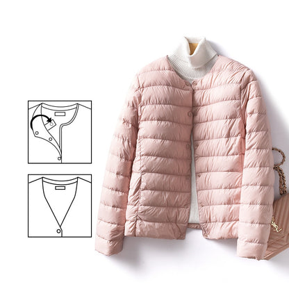 Women's Ultralight Quilted Puffer Coat, Variable V Neck, Collarless Duck Down Jacket for Winter Warmth