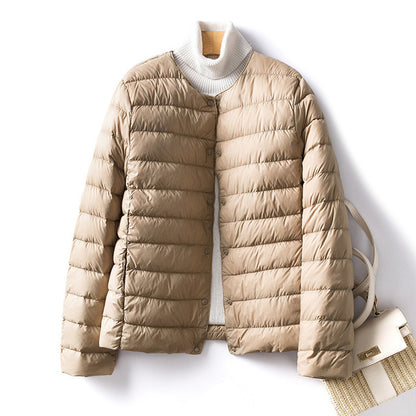 Women's Ultralight Quilted Puffer Coat, Variable V Neck, Collarless Duck Down Jacket for Winter Warmth