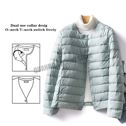 Women's Ultralight Quilted Puffer Coat, Variable V Neck, Collarless Duck Down Jacket for Winter Warmth