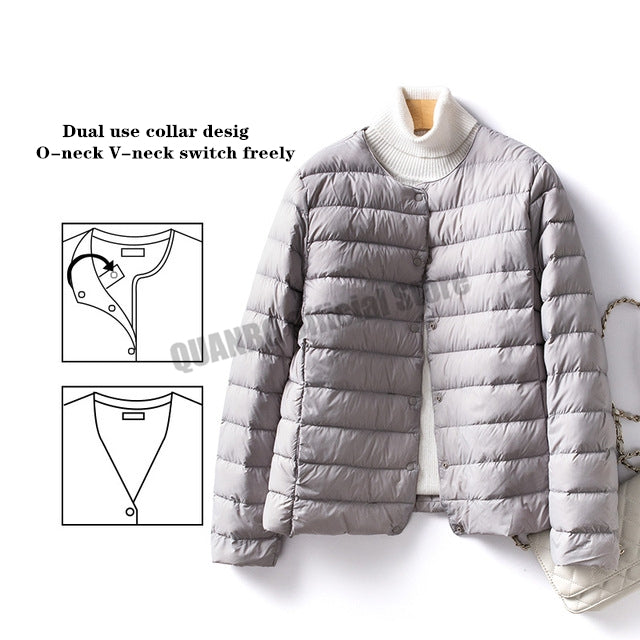 Women's Ultralight Quilted Puffer Coat, Variable V Neck, Collarless Duck Down Jacket for Winter Warmth