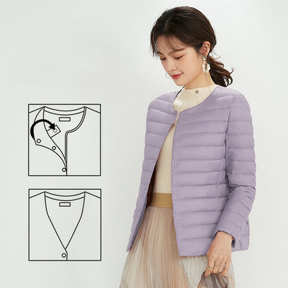 Women's Ultralight Quilted Puffer Coat, Variable V Neck, Collarless Duck Down Jacket for Winter Warmth