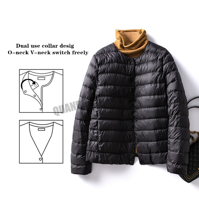Women's Ultralight Quilted Puffer Coat, Variable V Neck, Collarless Duck Down Jacket for Winter Warmth