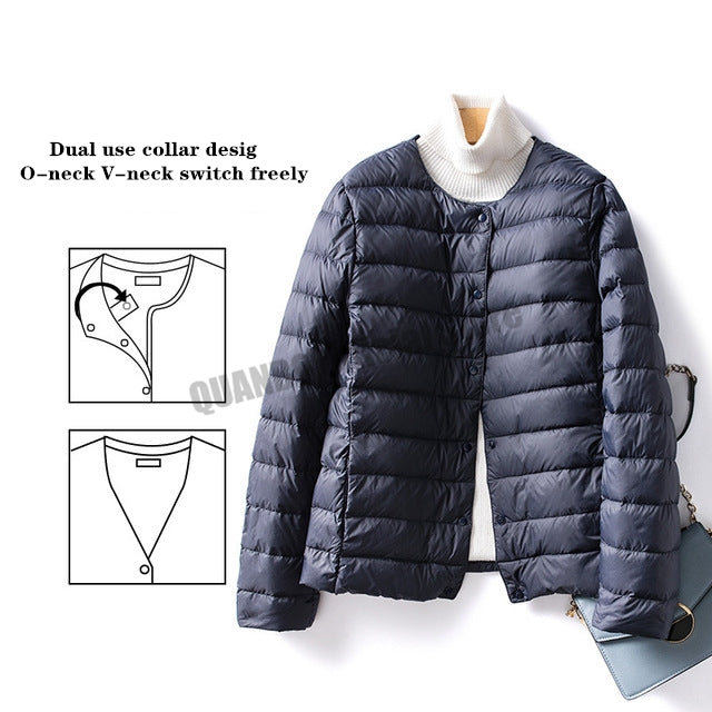 Women's Ultralight Quilted Puffer Coat, Variable V Neck, Collarless Duck Down Jacket for Winter Warmth