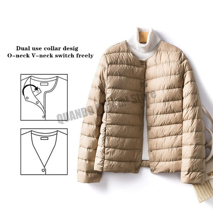 Women's Ultralight Quilted Puffer Coat, Variable V Neck, Collarless Duck Down Jacket for Winter Warmth