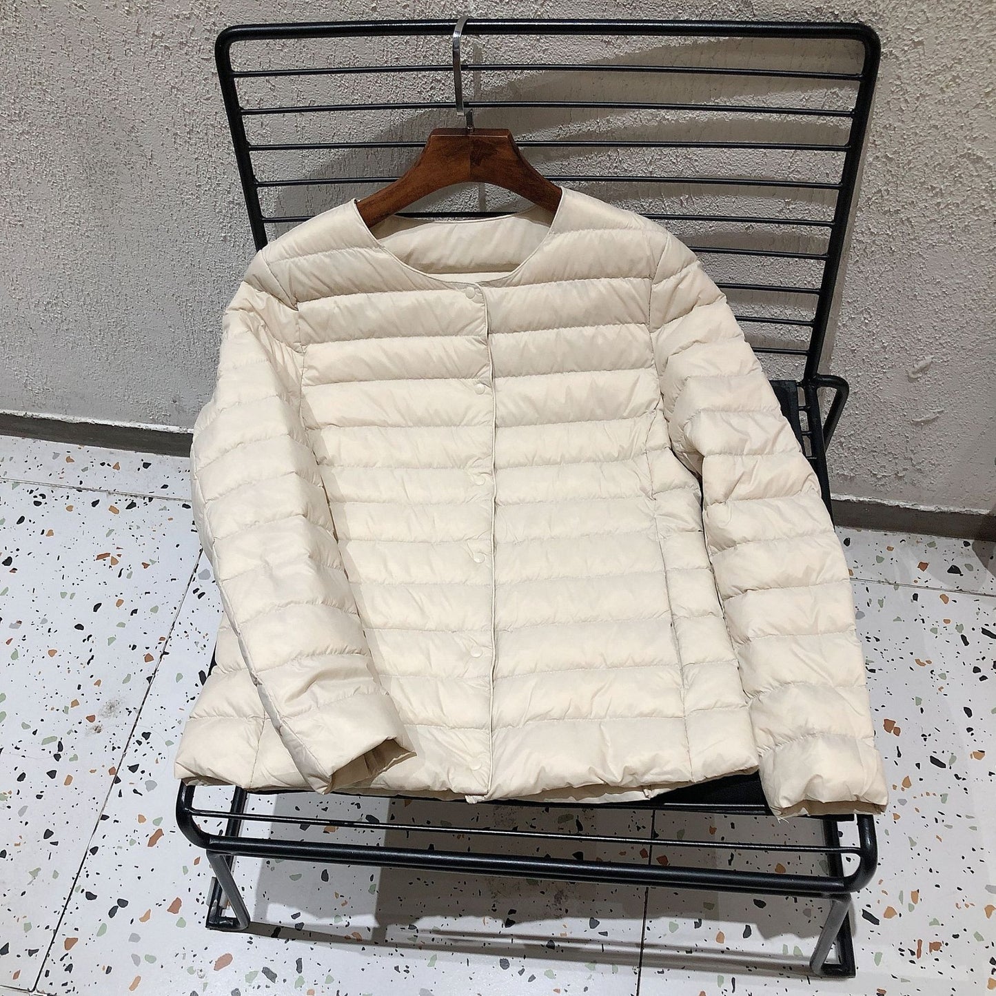 Women's Ultralight Quilted Puffer Coat, Variable V Neck, Collarless Duck Down Jacket for Winter Warmth