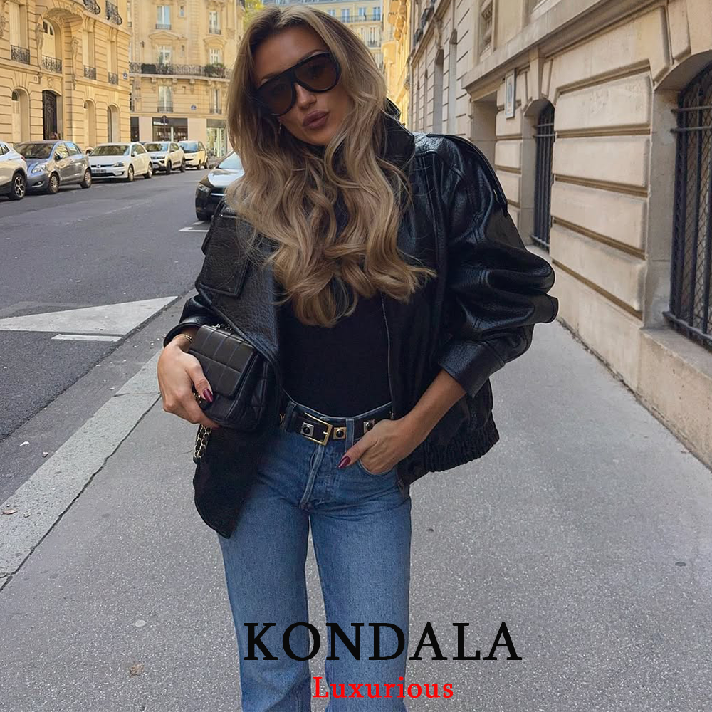 Women's Black Leather Jacket, Casual Chic Oversized Coat, 2025 Fall Fashion, Long Sleeve with Button Closure