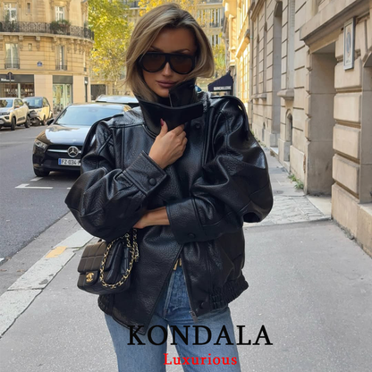 Women's Black Leather Jacket, Casual Chic Oversized Coat, 2025 Fall Fashion, Long Sleeve with Button Closure