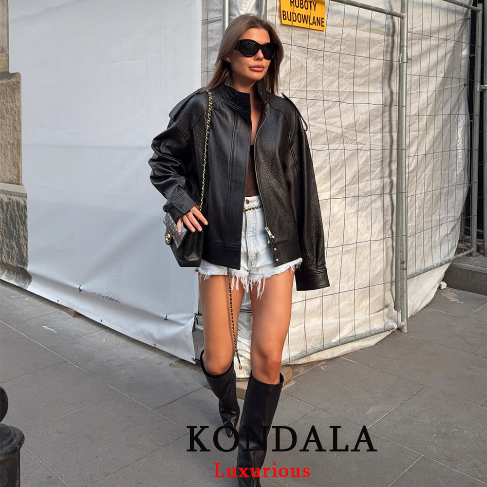 Women's Black Leather Jacket, Casual Chic Oversized Coat, 2025 Fall Fashion, Long Sleeve with Button Closure