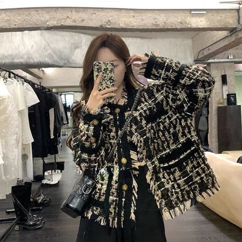 Chic Tweed Jacket, Women's Plaid Blazer with Tassel, Long Sleeve Streetwear and Office Coat for Spring Autumn