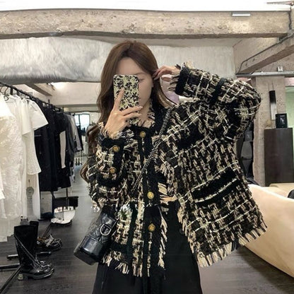 Chic Tweed Jacket, Women's Plaid Blazer with Tassel, Long Sleeve Streetwear and Office Coat for Spring Autumn