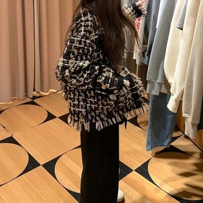 Chic Tweed Jacket, Women's Plaid Blazer with Tassel, Long Sleeve Streetwear and Office Coat for Spring Autumn