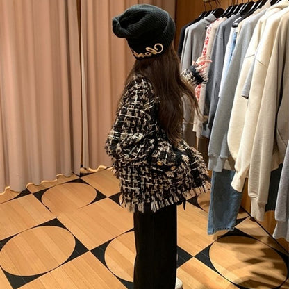 Chic Tweed Jacket, Women's Plaid Blazer with Tassel, Long Sleeve Streetwear and Office Coat for Spring Autumn