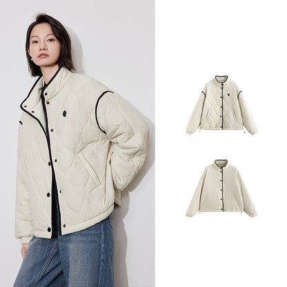 Elegant Women's Winter Coat, Thick Cotton Long Sleeve Outwear, Contrast Color Splicing Lapel Collar Jacket