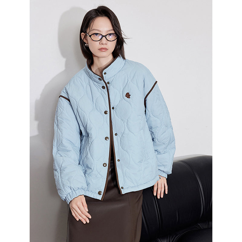 Elegant Women's Winter Coat, Thick Cotton Long Sleeve Outwear, Contrast Color Splicing Lapel Collar Jacket