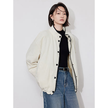 Elegant Women's Winter Coat, Thick Cotton Long Sleeve Outwear, Contrast Color Splicing Lapel Collar Jacket