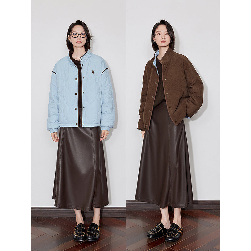 Elegant Women's Winter Coat, Thick Cotton Long Sleeve Outwear, Contrast Color Splicing Lapel Collar Jacket